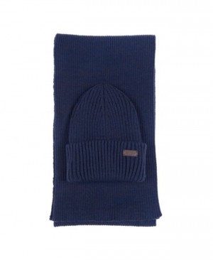 Gift Set Barbour Crimdon Beanie and Scarf Hombre Azules Mexico | C9Q01511