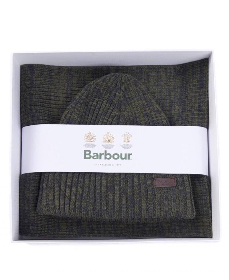 Gift Set Barbour Crimdon Beanie and Scarf Hombre Verdes Mexico | B9Z30484