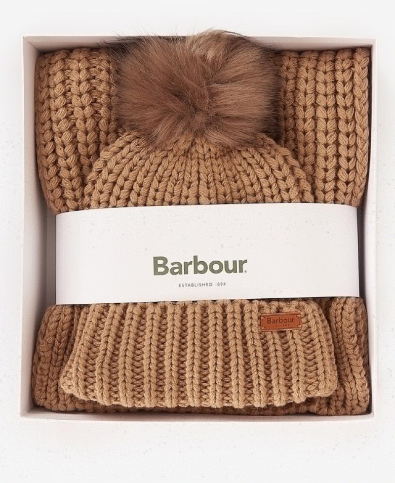 Gift Set Barbour Saltburn Beanie & Scarf Mujer Beige Mexico | N5I75123