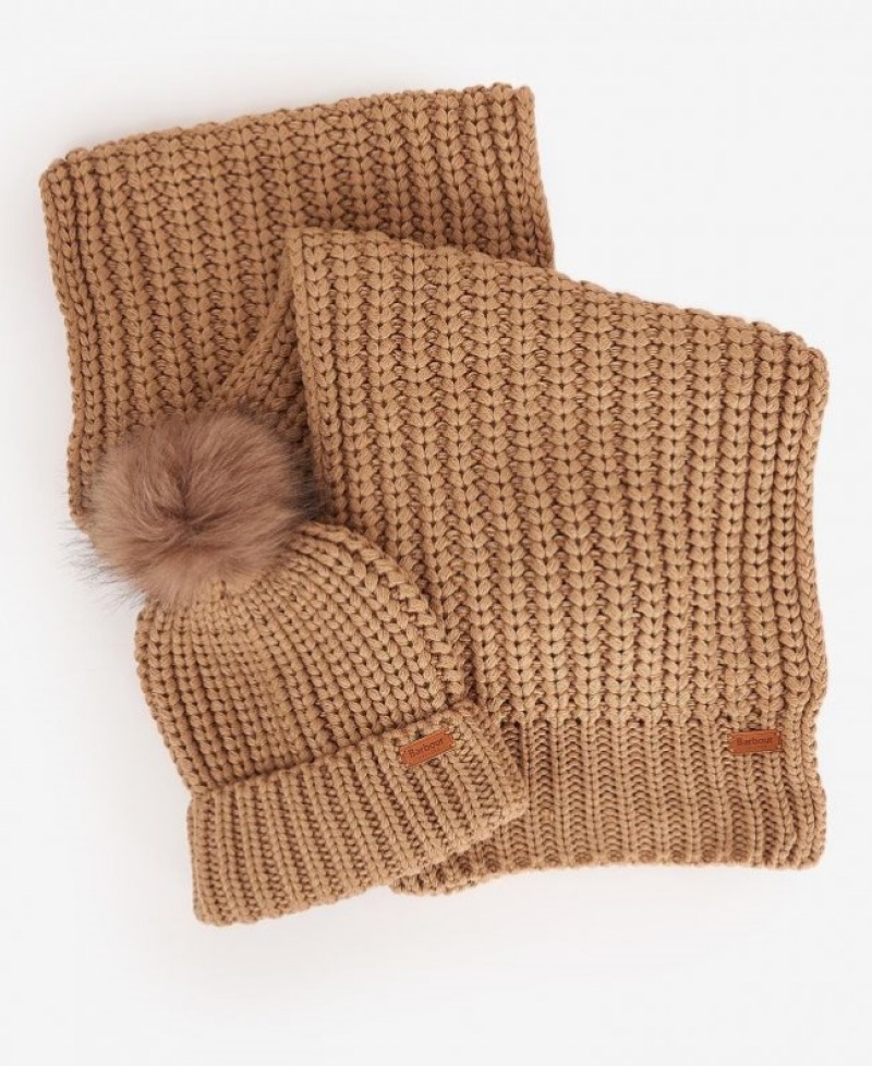 Gift Set Barbour Saltburn Beanie & Scarf Mujer Beige Mexico | N5I75123