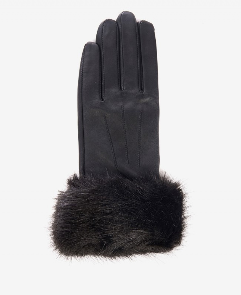 Guantes Barbour Faux Fur Trimmed Cuero Mujer Negros Mexico | O4C04790